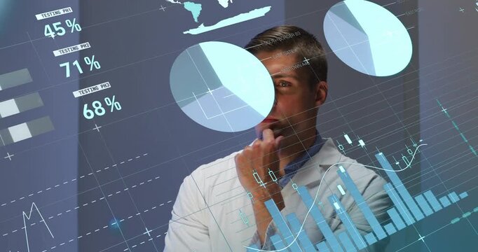 Male researcher raising hand and swiping holographic display in lab, refining charts for analysis