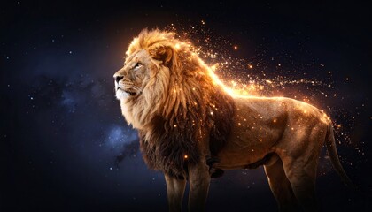 Fototapeta premium Celestial Lion King with Fiery Mane of Embers Against a Starry Cosmos