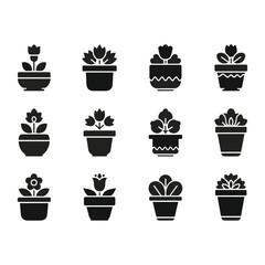 Obraz premium Black silhouettes of potted plants icons.