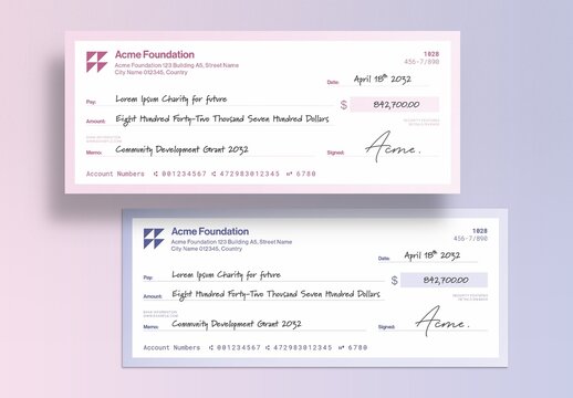 Blank Check Template, Bank Cheque Layout for Business Payments, Award Donation Presentations