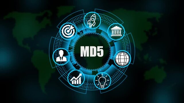 MD5 System Software Automation concept on virtual screen data center. Modern Technology, Internet and social media icons 4K animation on world map 