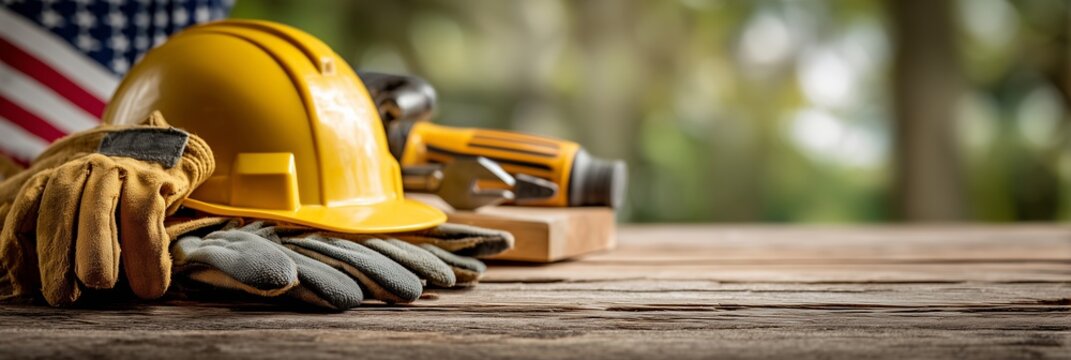 Labor Day celebration concept with tools and safety gear on a wooden workbench