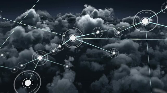 Bright central hub pulsing, sending cyan beams, spawning ringed nodes, growing mesh across clouds