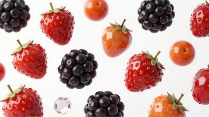 Peach, strawberry, blueberry floating in space with diamond