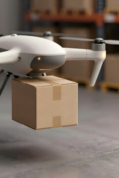 Futuristic delivery drone carrying a cardboard parcel box in a modern warehouse, automated logistics and smart shipping technology concept, generative AI.