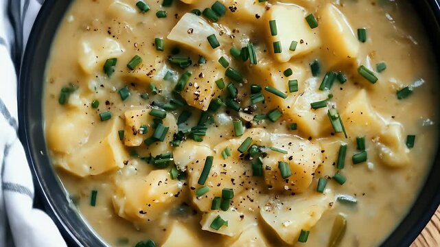 Creamy potato soup in bowl, garnished with chives and pepper