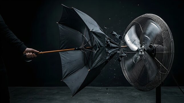 Umbrella Fighting Powerful Wind Against Industrial Fan.