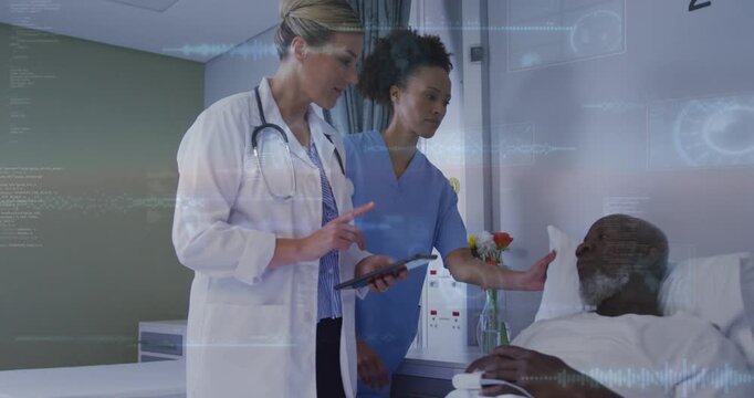 Dr tapping tablet causing data overlaying while checking chart, nurse placing vase calming patient