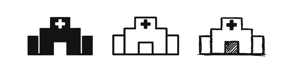 Obraz premium Hospital Building Icon Set in Flat, Outline, and Hand-Drawn Styles on White Background.