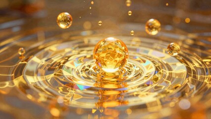 Golden droplets around glowing sphere on reflective surface with patterned reflections