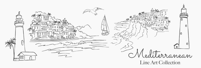 Obraz premium Mediterranean Seaside Landscape Set – Coastal Village, Lighthouse and Sailboat Line Art Illustration for Wedding, Save the Date Card Template