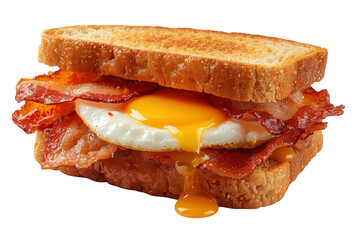 Obraz premium Bacon egg and toast sandwich with a runny fried egg yolk dripping and crispy bacon, delicious breakfast food concept on transparent background