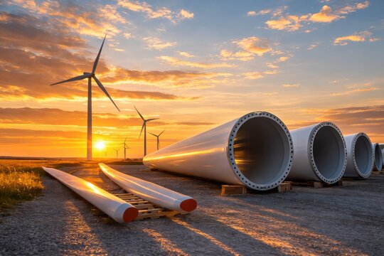 Large wind turbine towers and blades ready for assembly at modern wind power plant during sunset