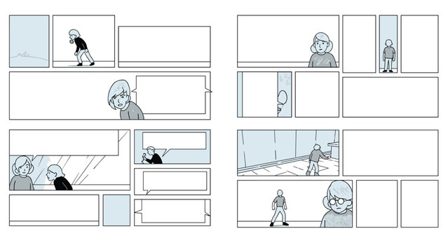 Comic book page layout with panels showing characters in a modern setting and blank speech bubbles for your dialogue.