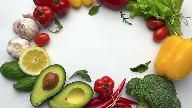 Fresh healthy vegetables frame moving on white background