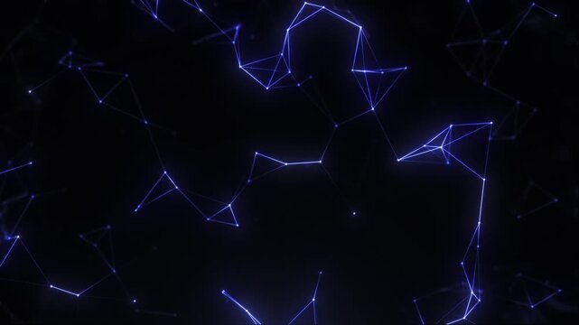 Abstract blue polygon network with glowing lines and nodes floating in dark space, futuristic technology background with digital connections.