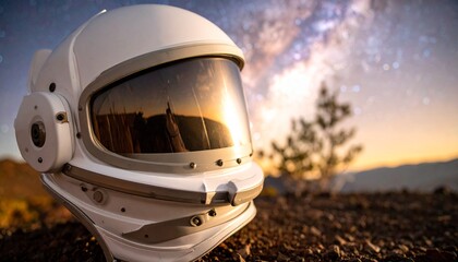 Fototapeta premium Astronaut Helmet on Rocky Terrain Reflecting a Distant Figure and Galaxy.