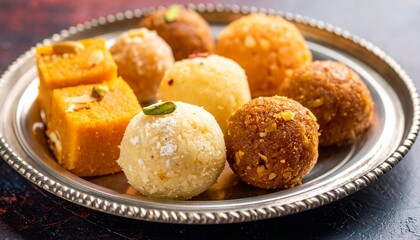 Assorted Indian sweets on a silver platter, a delightful culinary experience.