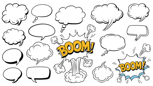 Collection of classic comic book style speech bubbles and explosive word clouds with boom sound effects in black and white outlines.