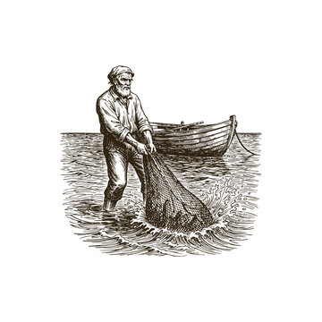 Vintage engraving illustration of a traditional fisherman standing in the water and pulling a heavy fishing net, with a wooden boat in the background, isolated on white background.