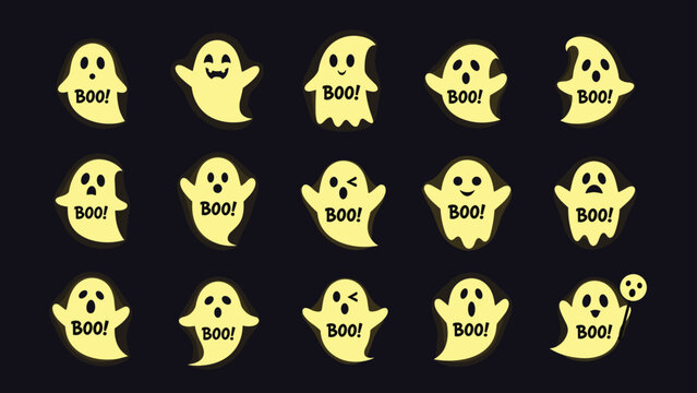 Set of cute yellow ghost stickers with various facial expressions and boo text isolated on a dark background for halloween celebrations.