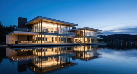Fototapeta premium Modern lake house at dusk, reflected in still water. Two connected structures, glass-fronted, illuminated interiors, show on a calm lake