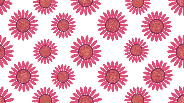 Vibrant seamless pattern featuring multiple pink daisy flowers with yellow centers arranged in a repeating grid on white.