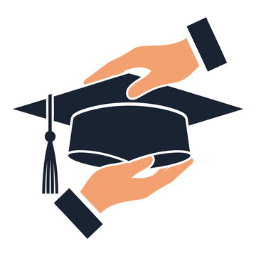 Graduation cap in hands of student after finishing university studies successfully icon