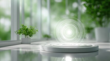 Fototapeta premium Showcase of Nature: A contemporary image featuring a minimalist platform gracefully positioned, bathed in the gentle glow of light with the background of a sun-drenched serene atmosphere.