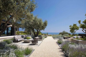 A tranquil outdoor area with comfortable seating located near the coast, perfect for enjoying the midday sun, surrounded by lush gardens and beautiful blue skies