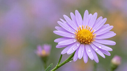 Single vibrant purple aster flower with glistening water droplets on its petals stands out against a soft. © Paul