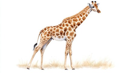 Naklejka premium watercolor illustration of a cute giraffe with brown and yellow spots, standing gracefully in a serene savanna landscape, with soft pastel clouds 