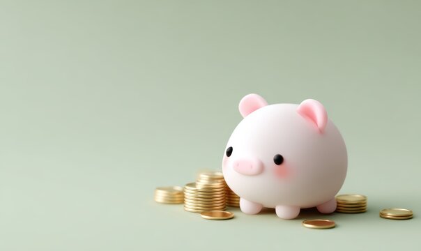 Financial Piggy Bank: A charming piggy bank rests beside a growing pile of gold coins, symbolizing financial growth and prudent savings, against a soft, inviting backdrop.