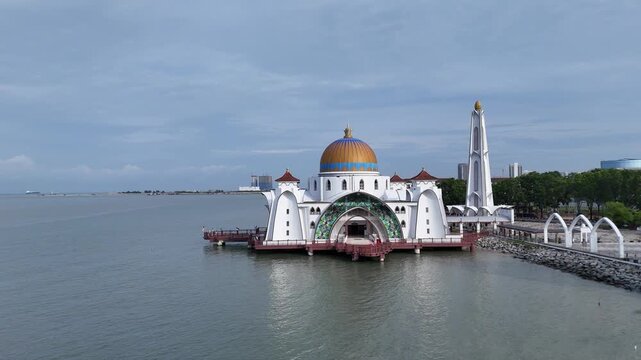 Aerial view of Melaka Straits Mosque. Floating Mosque in Malacca city, Malaysia.
