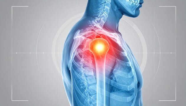 A digital anatomical illustration of the upper body highlighting the left shoulder in glowing red and yellow, symbolizing musculoskeletal pain, inflammation, and orthopedic focus.
