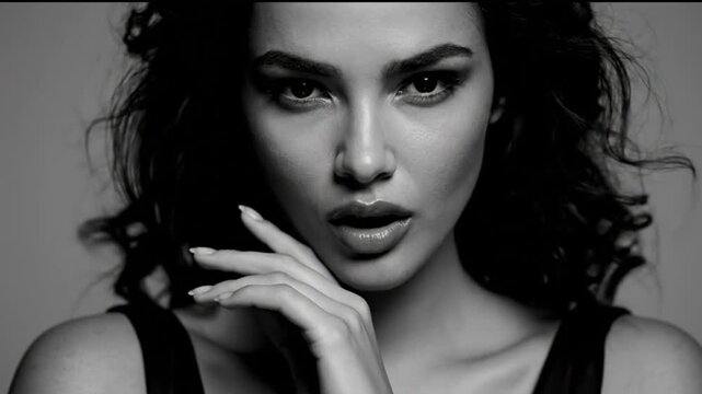 Black and white close up portrait of a beautiful woman with wavy hair and seductive expression