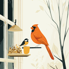 Cardinal and Chickadee at Window Feeder © Edik