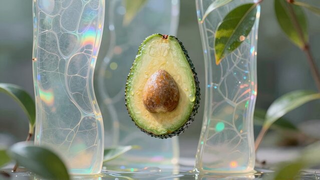 Avocado cut open with pit in middleA single avocado on a table between two vasesA slice of avocado
