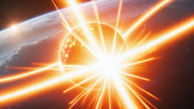 Emerging molten sphere amplifying glow above planetary horizon, emitting orange-red energy beams