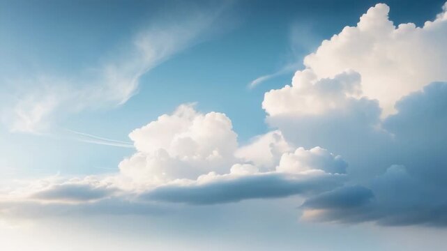 Starting billowing cumulus clouds drifting across open sky, with wispy cirrus streak contrail
