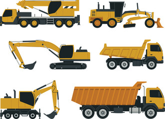 Heavy construction machinery set including crane truck, excavator, bulldozer, grader and dump trucks isolated on white background vector illustratio © SreeKhamol