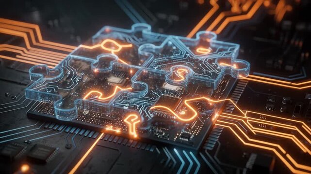 Futuristic glowing digital puzzle pieces connected on a high tech circuit board with neon light lines