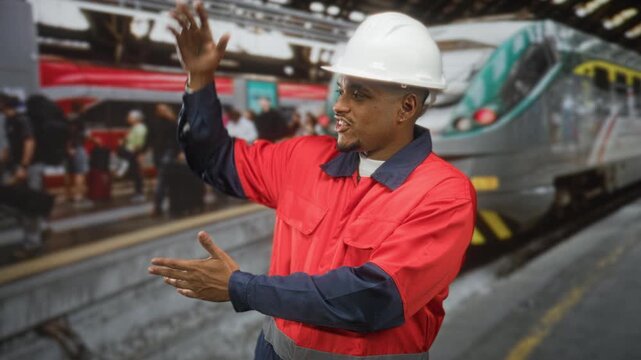 Man construction worker in hard hat raises hand to signal and gestures with open palm beside a passenger train in building; duty safety.