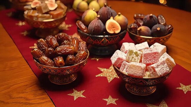 Turkish delight and fresh figs rest in ornate gold bowls on red star runner for ramadan feast