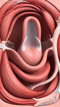 CGI animation illustrating human pharyngeal anatomy and the mechanics of swallowing action with detailed muscle structures and cartilage elements against a dark medical background