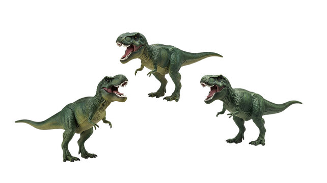 Green tyrannosaurus dinosaur figure isolated on transparent background, prehistoric animal toy concept.