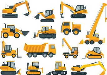 Construction machinery vector set featuring excavators, bulldozers, dump trucks, loaders and cranes isolated on white background illustration © SreeKhamol
