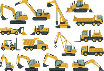 Heavy construction equipment set with excavators, dump trucks, bulldozers, loaders and crane vehicles isolated on white background vector illustration © SreeKhamol