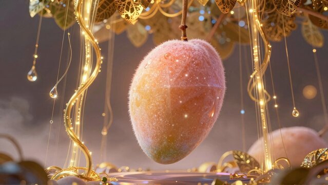 A single ripe mango hanging from a branch surrounded by gold filigree in an ornate setting