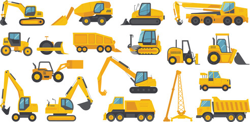Heavy construction machinery set with excavators, cranes, bulldozers, loaders and dump trucks isolated on white vector illustration © SreeKhamol